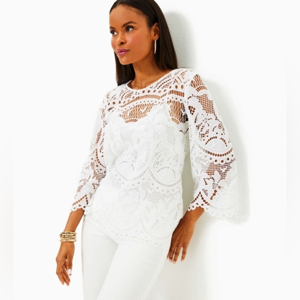 Lilly Pulitzer Oaklynn Tunic 2 Resort White NEW Palms Paradise Lace Bell‎ Sleeve